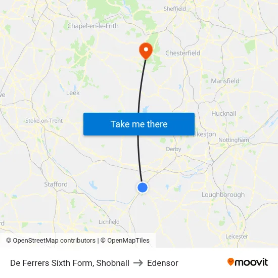 De Ferrers Sixth Form, Shobnall to Edensor map