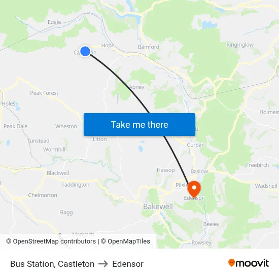 Bus Station, Castleton to Edensor map