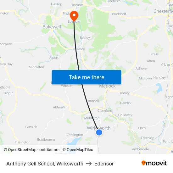 Anthony Gell School, Wirksworth to Edensor map