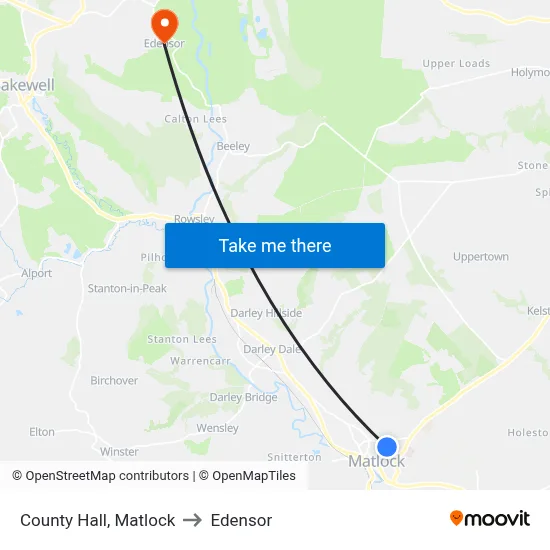 County Hall, Matlock to Edensor map