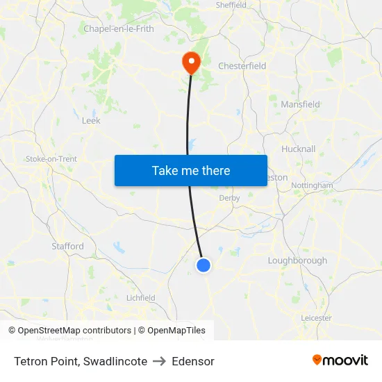 Tetron Point, Swadlincote to Edensor map
