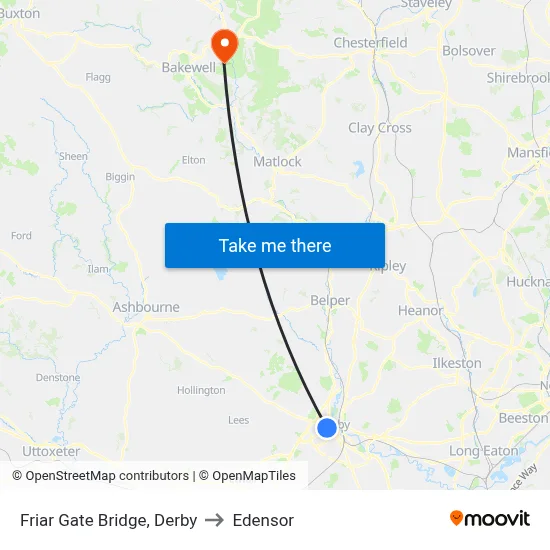 Friar Gate Bridge, Derby to Edensor map
