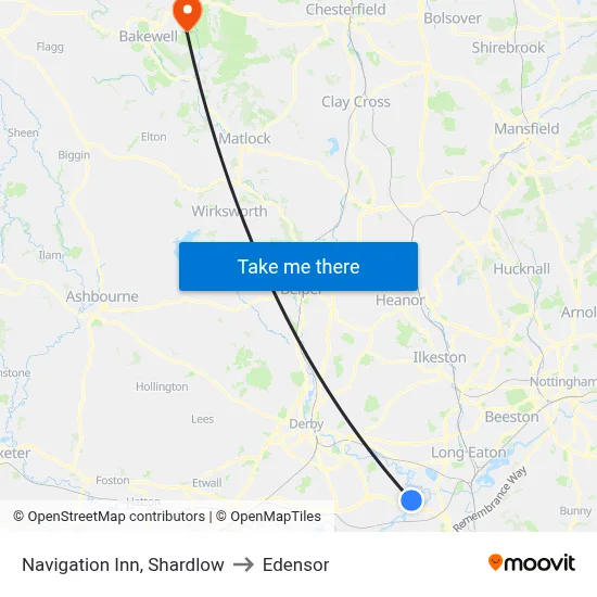 Navigation Inn, Shardlow to Edensor map
