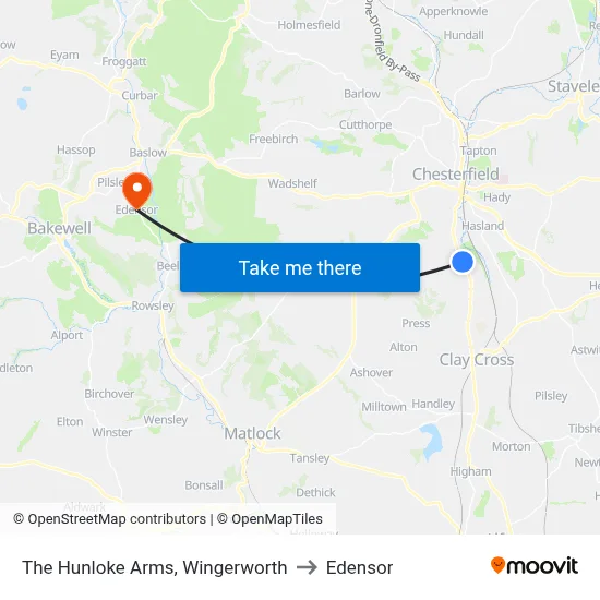 The Hunloke Arms, Wingerworth to Edensor map