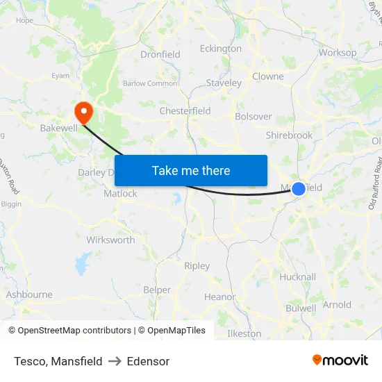 Tesco, Mansfield to Edensor map