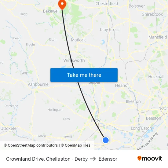 Crownland Drive, Chellaston - Derby to Edensor map