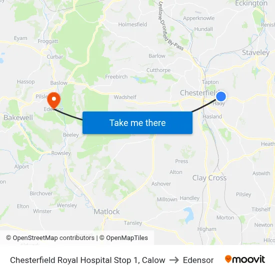 Chesterfield Royal Hospital Stop 1, Calow to Edensor map