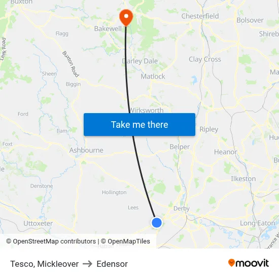 Tesco, Mickleover to Edensor map