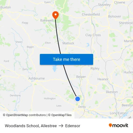 Woodlands School, Allestree to Edensor map