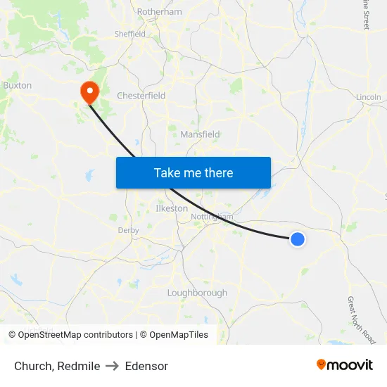 Church, Redmile to Edensor map