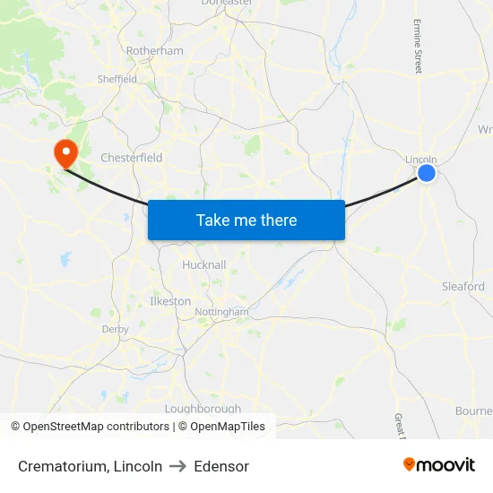 Crematorium, Lincoln to Edensor map