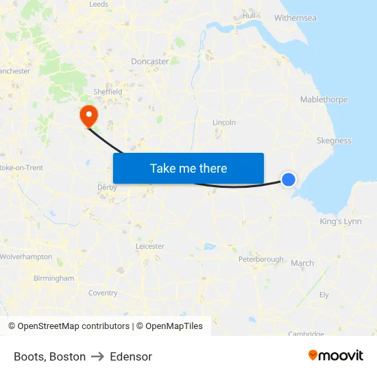 Boots, Boston to Edensor map