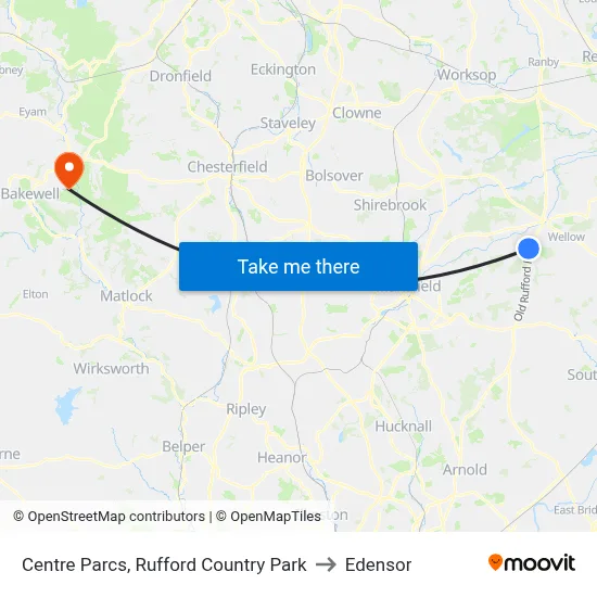 Centre Parcs, Rufford Country Park to Edensor map