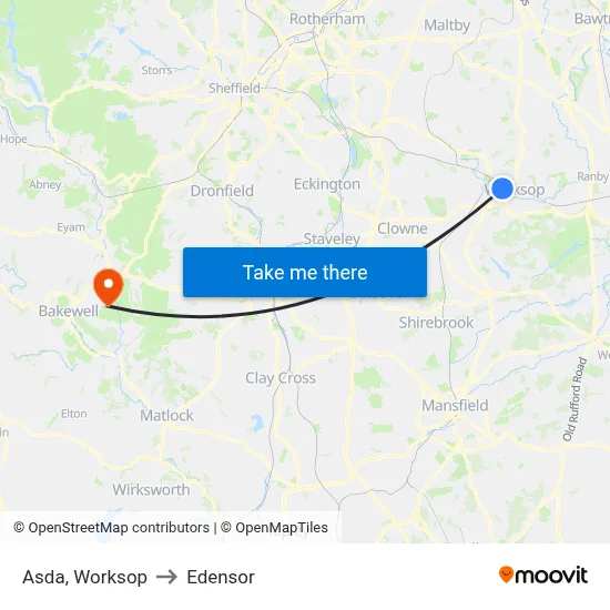 Asda, Worksop to Edensor map