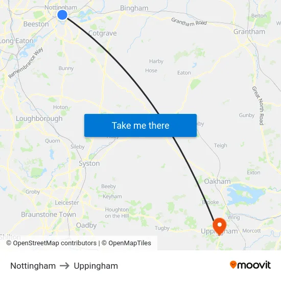 Nottingham to Uppingham map
