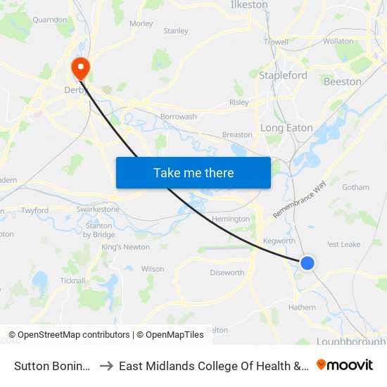 Sutton Bonington to East Midlands College Of Health & Beauty map