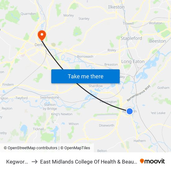 Kegworth to East Midlands College Of Health & Beauty map