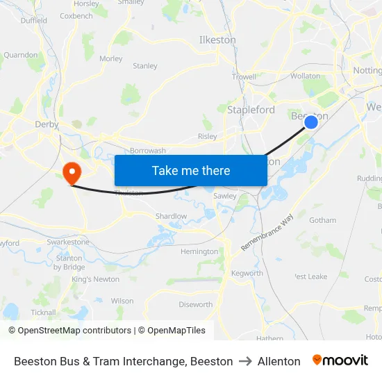 Beeston Bus & Tram Interchange, Beeston to Allenton map