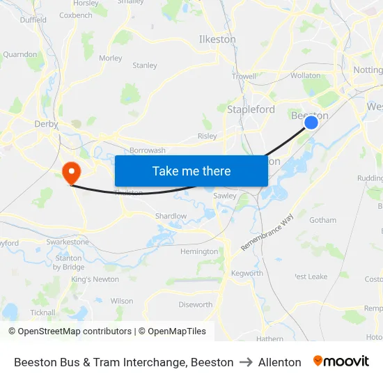 Beeston Bus & Tram Interchange, Beeston to Allenton map
