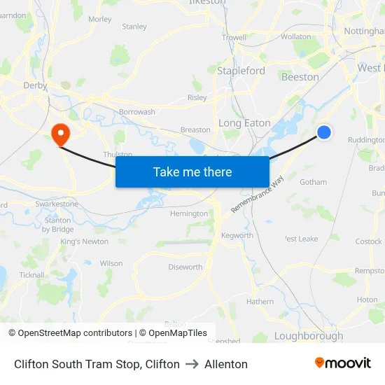 Clifton South Tram Stop, Clifton to Allenton map