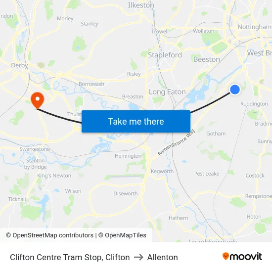 Clifton Centre Tram Stop, Clifton to Allenton map