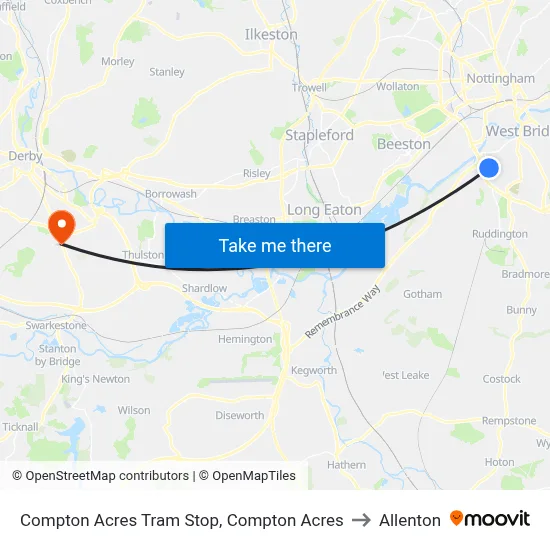 Compton Acres Tram Stop, Compton Acres to Allenton map