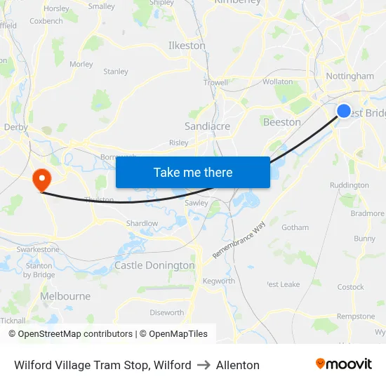 Wilford Village Tram Stop, Wilford to Allenton map