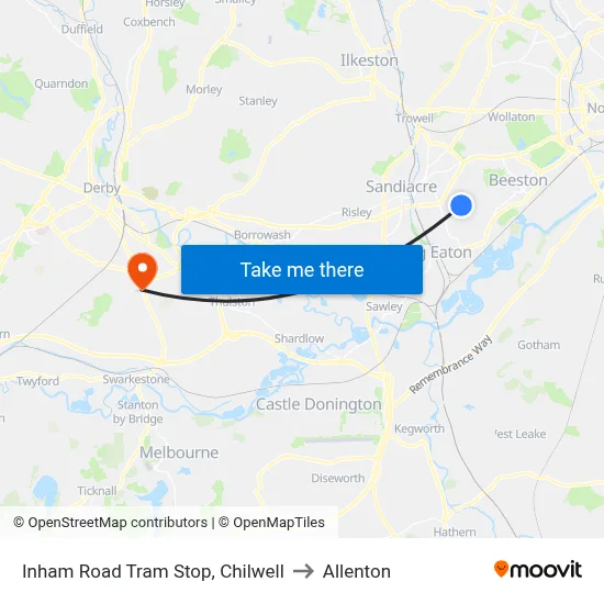 Inham Road Tram Stop, Chilwell to Allenton map