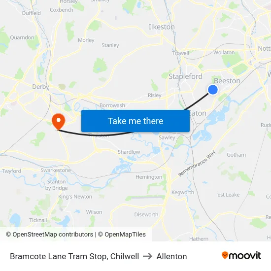 Bramcote Lane Tram Stop, Chilwell to Allenton map