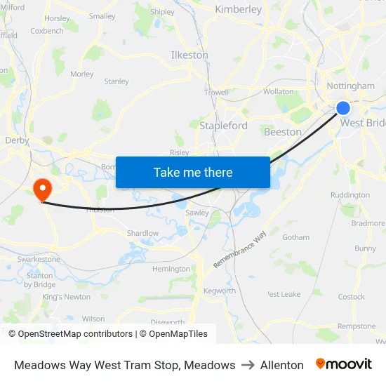 Meadows Way West Tram Stop, Meadows to Allenton map