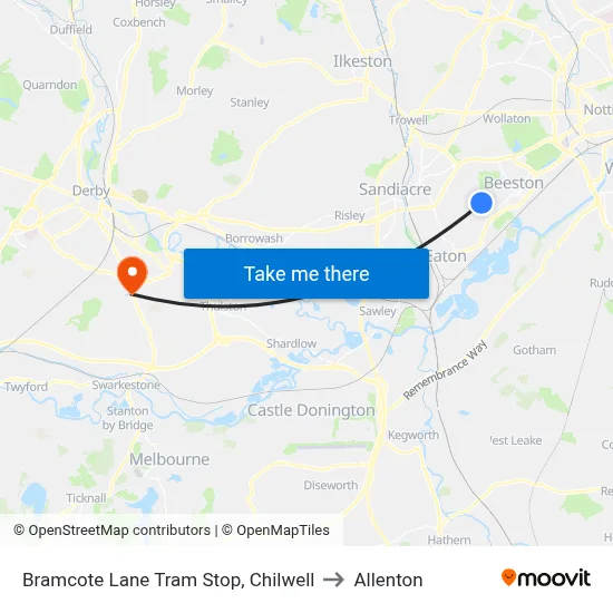 Bramcote Lane Tram Stop, Chilwell to Allenton map