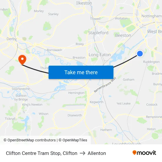 Clifton Centre Tram Stop, Clifton to Allenton map