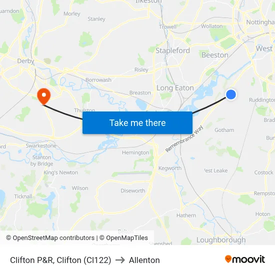Clifton P&R, Clifton (Cl122) to Allenton map