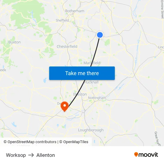 Worksop to Allenton map