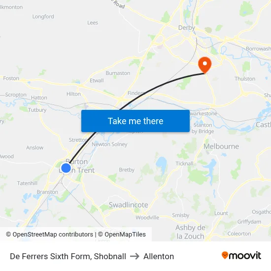 De Ferrers Sixth Form, Shobnall to Allenton map