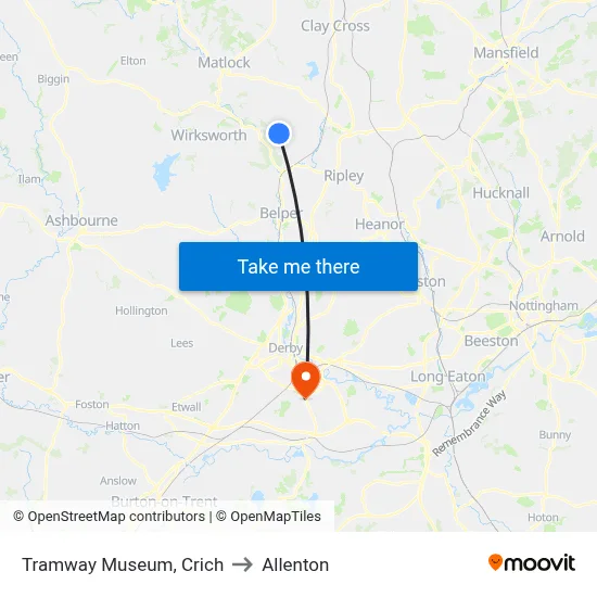 Tramway Museum, Crich to Allenton map