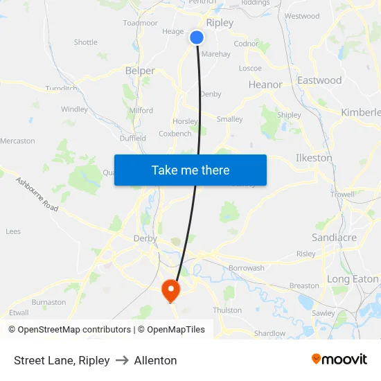 Street Lane, Ripley to Allenton map