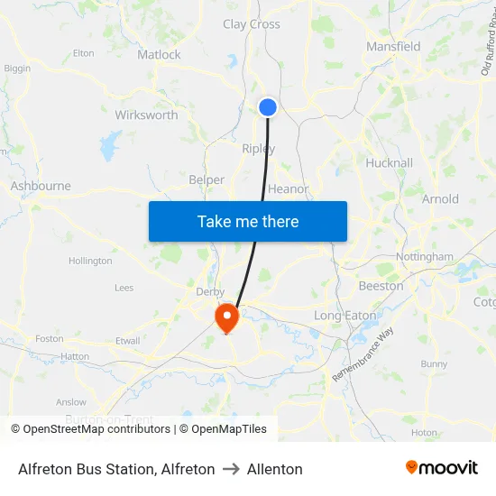 Alfreton Bus Station, Alfreton to Allenton map