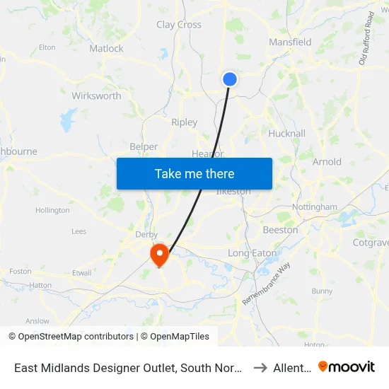 East Midlands Designer Outlet, South Normanton to Allenton map