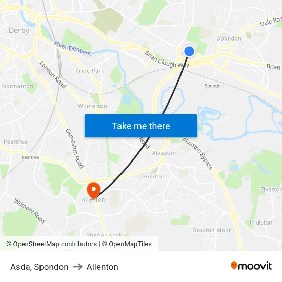 Asda, Spondon to Allenton map