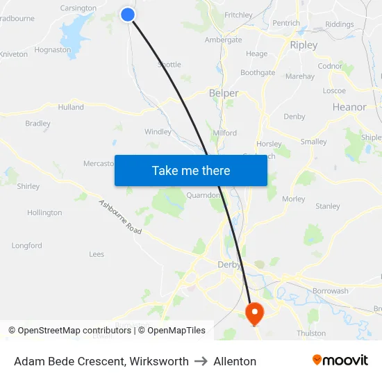 Adam Bede Crescent, Wirksworth to Allenton map