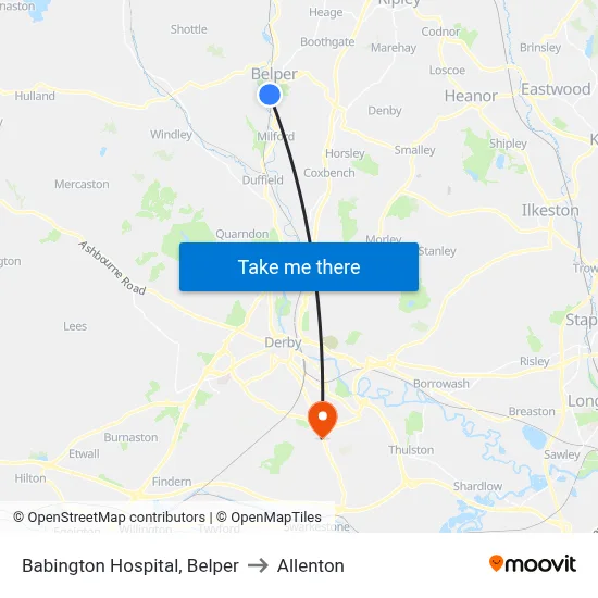 Babington Hospital, Belper to Allenton map