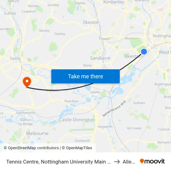 Tennis Centre, Nottingham University Main Campus (Un03) to Allenton map