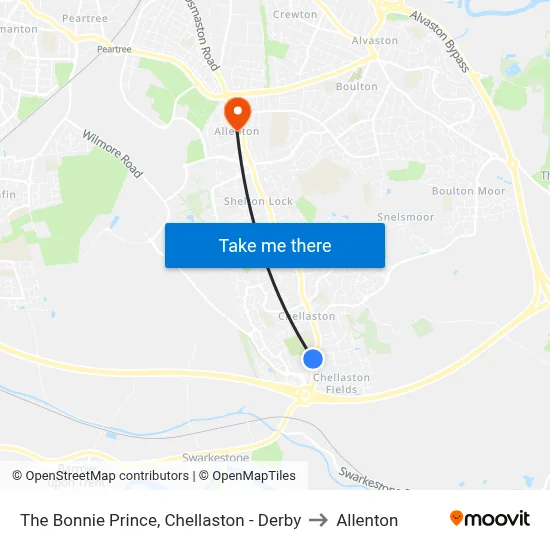 The Bonnie Prince, Chellaston - Derby to Allenton map