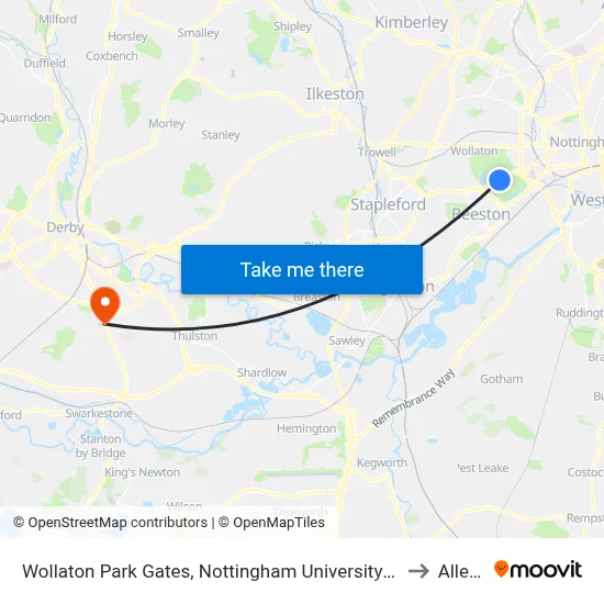 Wollaton Park Gates, Nottingham University Main Campus (Un12) to Allenton map