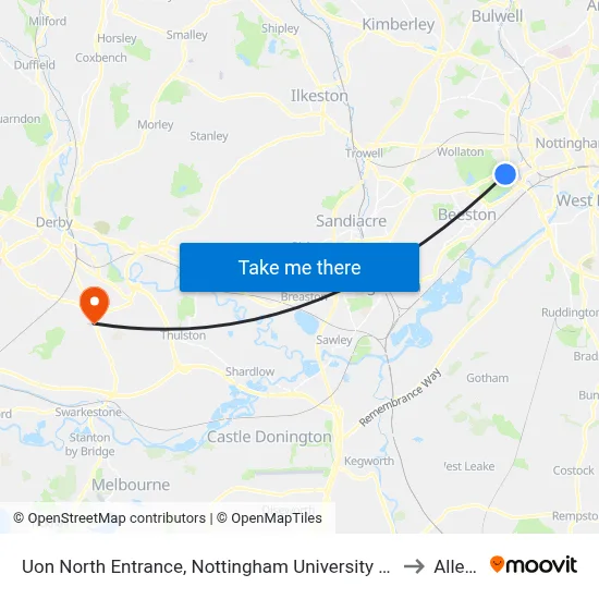 Uon North Entrance, Nottingham University Main Campus (Un14) to Allenton map