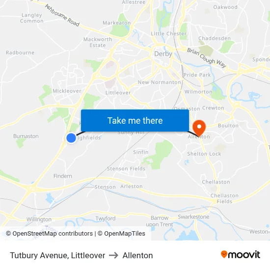 Tutbury Avenue, Littleover to Allenton map