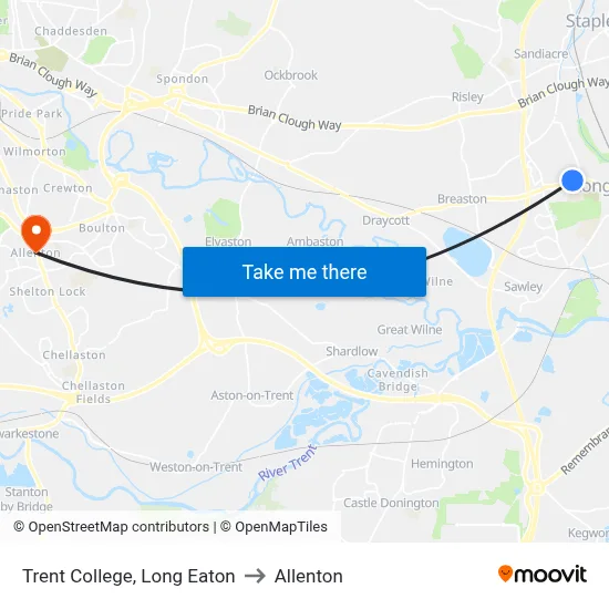 Trent College, Long Eaton to Allenton map