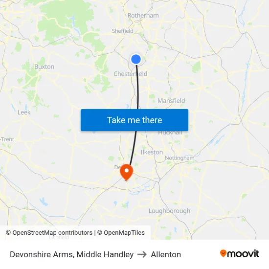 Devonshire Arms, Middle Handley to Allenton map