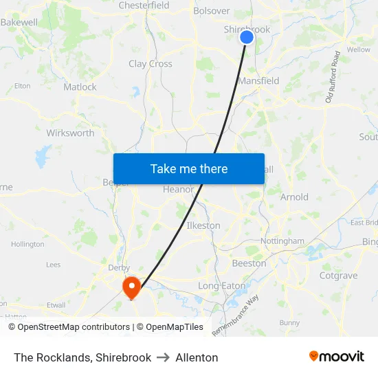 The Rocklands, Shirebrook to Allenton map